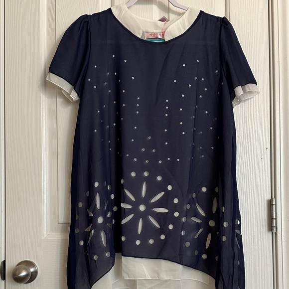 Jane Eyre Tops - Navy Blue Women's Blouse with White Accents